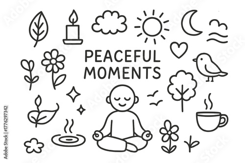 Peaceful Meditation Icons. Peaceful moments. Hand-drawn doodle illustration peaceful moments person meditating, leaf, candle, flower, heart, cloud, sun, breeze