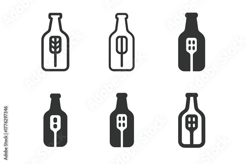 Beer Logo Variations. Home-brewed beer making and bottle design. Set Logo of home-brewed beer making and bottle design: mash paddle. Icon set. harmonious logo