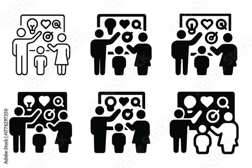 Family Vision Board Icons. Creating a family vision board. Icon set. Set Logo of creating a family vision board: family members pointing at ideas on wall