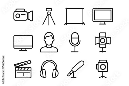 Digital Filming Icons. Digital filming. Line outline icon set of digital filming: camera, tripod, green screen
