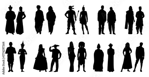 Silhouette people of world in different traditional costumes set
