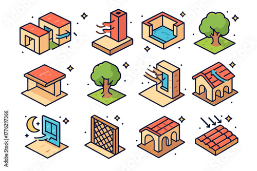 Colorful Cooling Strategies. Passive cooling strategies. Colorful isometric vector icons set of Passive cooling strategies: cross breeze corridor, stack
