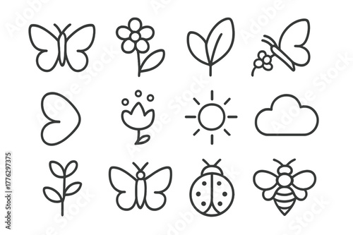 Butterfly Icon Set. Butterflies. Line outline icon set of butterflies: butterfly, flower, leaf, nectar, wings,