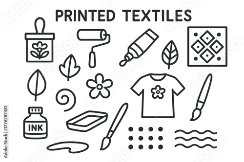 Textile Design Elements. Printed textiles. Hand-drawn doodle illustration printed textiles stamp, roller, paint tube, pattern stencil, leaf shape, flower,