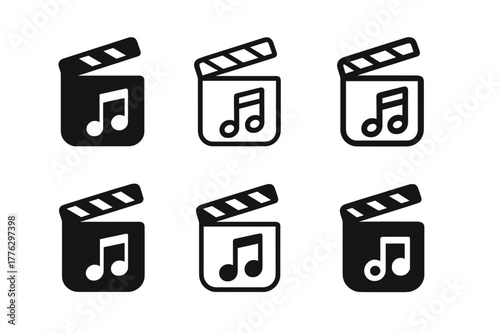 Reels TikTok Logo Variations. Reels and TikTok storyboard. Icon set. Set Logo of reels and TikTok storyboard: clapperboard with music note. harmonious logo