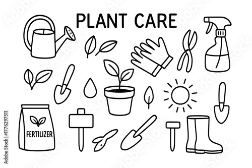 Plant Care Essentials. Plant care. Hand-drawn doodle illustration plant care watering can, spray bottle, gloves, pruning shears, pot, leaves, fertilizer bag,