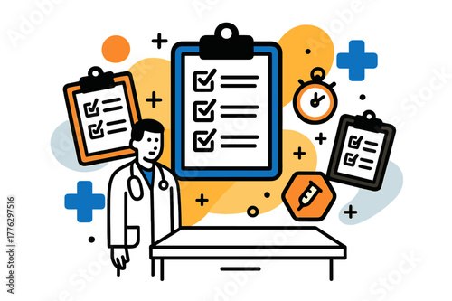 Efficient Medical Workflow. Clinical workflow. Multiple clipboards with checklists floating above a clean desk