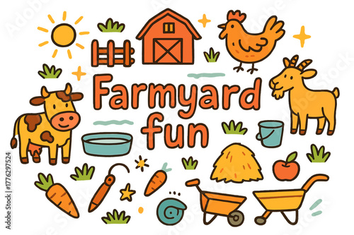 Farmyard Doodle Fun. Farmyard fun. Hand-drawn doodle illustration of farmyard fun. Cow, goat, chicken, barn,