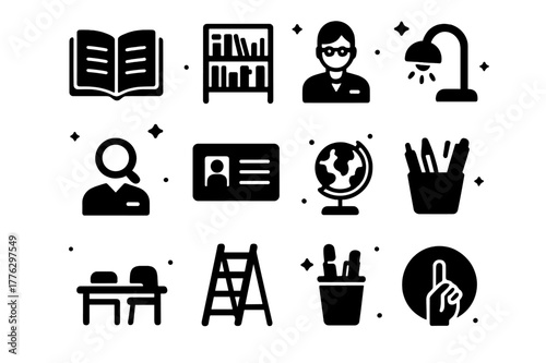 Library Reading Essentials. Reading at the Library. Solid icons set of Reading at the Library: open book, library shelf, desk lamp, librarian, library card,