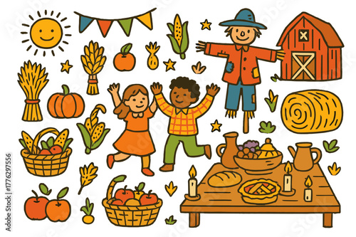 Vibrant Harvest Festival. Harvest festival. Colorful Hand-drawn doodle Children illustration Harvest festival wheat sheaves, corn, pumpkin, baskets, hay bale,