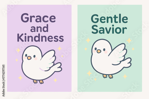 Kawaii Dove Banners. Grace. Two vertical A6 banners with safe margins, centered composition, no elements touching edges, kawaii, lilac and mint, smiling dove,