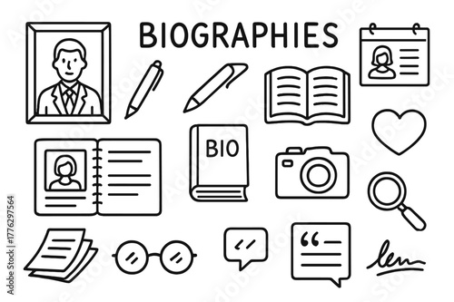 Biographical Icons Montage. Biographies. Hand-drawn doodle illustration biographies portrait frame, pen, notebook, book cover, open page, calendar, camera,