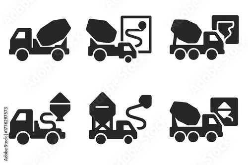 Concrete Truck Delivery. Concrete truck drivers delivering materials to sites. Set Logo of batch plant to site route icon: Symmetrical form, Abstract