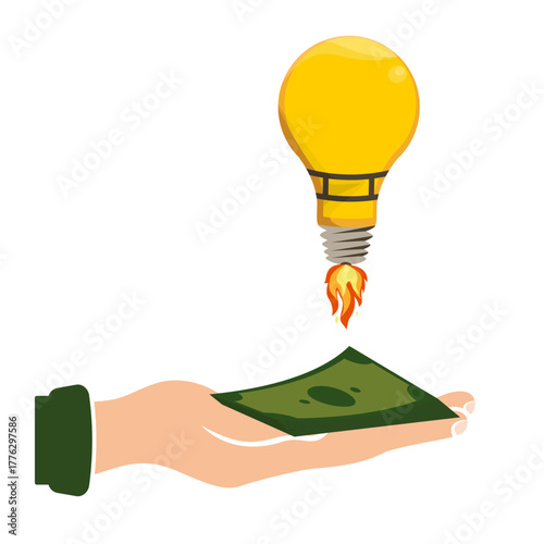 Hand holding money dollar with light bulb jetpack flying high set vector illustration design