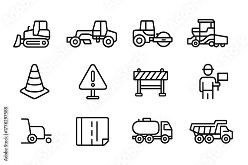 Road Construction Icons. Road construction. Line icon set of road construction: bulldozer, grader, roller, asphalt spreader, dump truck, traffic cone, warning