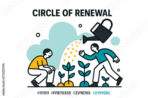 Circle of Renewal. Circle of Renewal. Watering can pours a stream of glowing dots onto a stylized field of circles turning into plants. Calm, uplifting