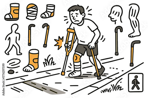 Uneven Stride Illustration. Weak step. Hand-drawn doodle illustration person walking (colored), uneven stride (colored), crutch (colored), cane (colored),