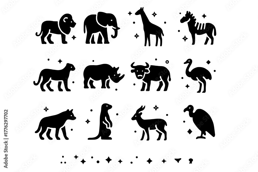 Naklejka premium Savanna Animal Icons. Savanna Animals. Solid icons set of Savanna Animals: lion, elephant, giraffe, zebra, cheetah, rhino, buffalo, ostrich, hyena, meerkat,