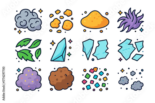 Colorful Debris Icons. Dust and debris. Colorful isometric vector icons set of Dust and debris: dust bunnies, crumbs, sand grains, pet hair tuft, leaf bits,