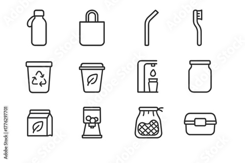 Eco-Friendly Icon Set. Reducing plastic use. Line icon set of reducing plastic use: reusable bottle, canvas tote bag, metal straw, bamboo toothbrush, recycling