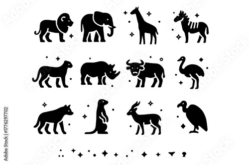 Savanna Animal Icons. Savanna Animals. Solid icons set of Savanna Animals: lion, elephant, giraffe, zebra, cheetah, rhino, buffalo, ostrich, hyena, meerkat,