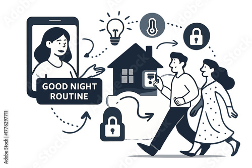 Smart Home Harmony. AI Assistants ? Smart Home Steward. The assistant orchestrates lights, thermostat, and locks; dotted signals flow house-wide. Tag ?good