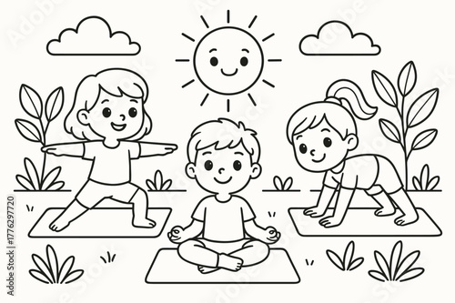Kids Yoga Coloring. Yoga practice children?s coloring book illustration, outlined drawing, cheerful kids doing