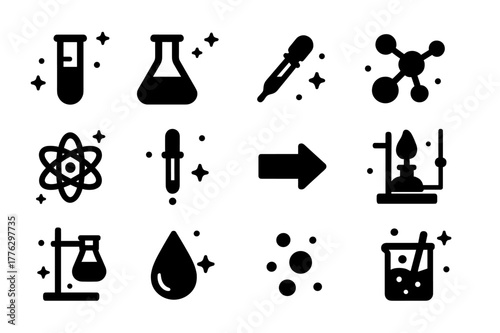 Laboratory Equipment Icons. Reaction Setup. Solid icons set of Reaction Setup: test tube, flask, beaker, molecule, atom, pipette, reaction arrow, Bunsen