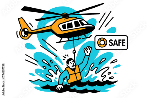 Coastal Rescue Artistry. Coastal Hoist Extraction. Salt spray arcs as a winch lifts a survivor from choppy waves; a lifebuoy icon pops beside ?SAFE.? The