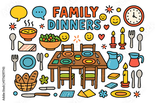 Family Dining Delight. Family dinners. Colorful Hand-drawn doodle Children illustration Family dinners dining table, plates, bowls, cutlery, steaming soup,