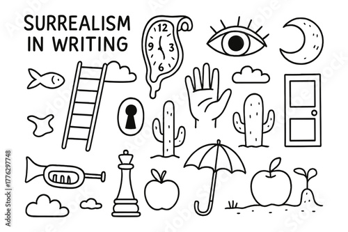 Surreal Doodle Icons. Surrealism in writing. Hand-drawn doodle illustration Surrealism in writing melting clock, floating eye, ladder, fish, keyhole, open