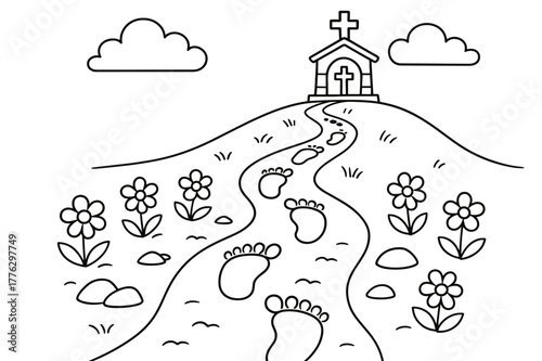 Footprints to Adventure. Footprints of the journey children?s coloring book illustration, outlined drawing, a trail of big friendly footprints leading past