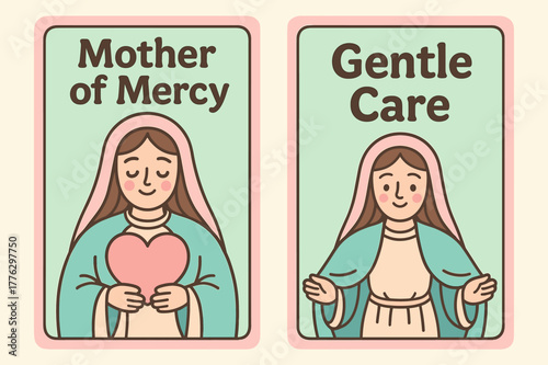 Mother of Mercy Banners. Mother of Mercy. Two vertical A6 banners with safe margins, centered composition, no elements touching edges, cartoon, pastel mint and