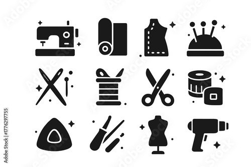 Cosplay Crafting Icons. Cosplay costume crafting. Solid icons set of Cosplay costume crafting: sewing machine, fabric roll, pattern paper, pins, needles,