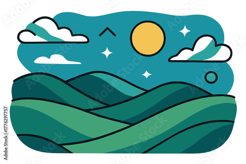 Tranquil Hillscape Illustration. Rolling hills. Scenic landscape with undulating green hills under blue sky, abstract floating clouds, sun, and sparkles;