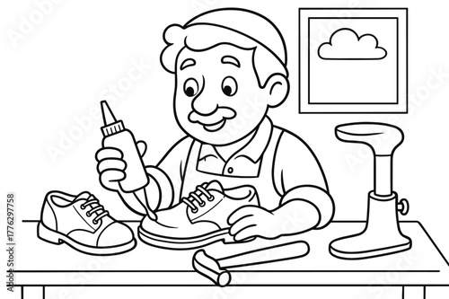 Friendly Cobbler Coloring. Shoe maker children?s coloring book illustration, outlined drawing, friendly