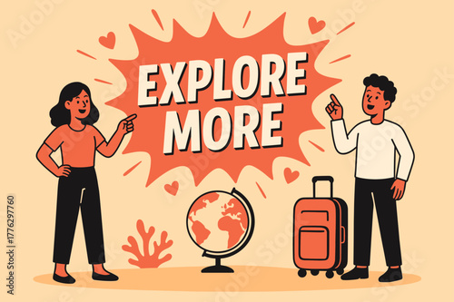 Explore More Adventure. Explore more banner, flat vector illustration, bold oversized text inside splash explosion, cartoon characters standing and pointing,