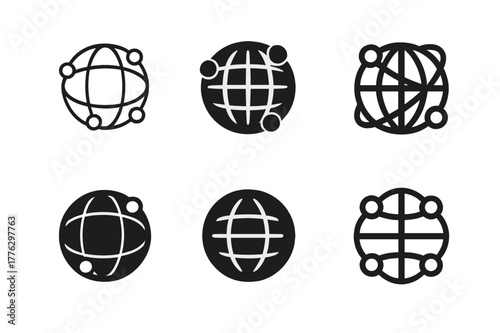 Logo Variations Grid. Multinational companies. Set Logo of Multinational companies: interconnected globes network. Icon set. harmonious logo variations of the