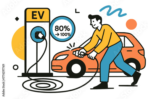 Modern EV Charging Station. EV Charging Hub. A car docks with a satisfying click; a haloed screen reads ?% > %.? Cable loops form friendly spirals on the