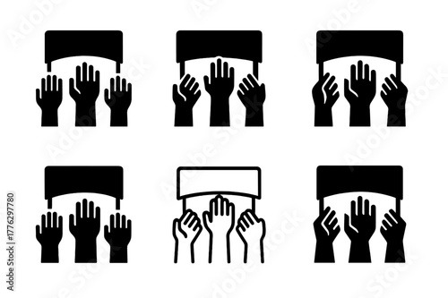 Volunteering Logo Variations. Volunteering. Set Logo of Volunteering: hands raising banner together. Icon set. harmonious logo variations of the same