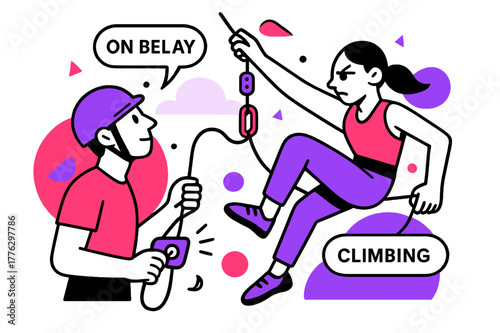 Dynamic Climbing Focus. Belay & Clip Under Pressure. Belayer feeds rope, device hums; above, a climber reaches past a quickdraw with laser focus. ?On belay /