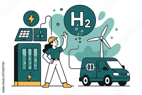 Green Hydrogen Generation. Green Hydrogen Production. Electrolyzer stacks hum; bubbles lift into an ?H?? badge while a lightning icon feeds from solar and wind