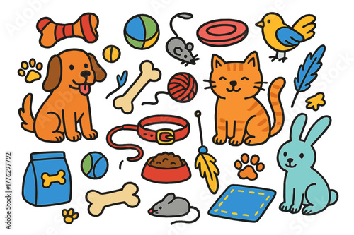 Colorful Pet Doodle. pets and toys. Colorful Hand-drawn doodle Children illustration pets and toys dog, cat, ball, chew toy, yarn, mouse toy, frisbee, bone,