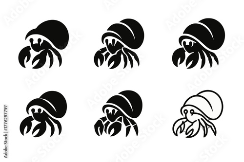 Hermit Crab Logos. Tidal pools and their diverse aquatic life. Set Logo of hermit crab: crab emerging from shell. Icon set. harmonious logo variations of the