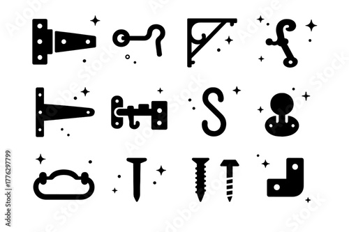 Farmhouse Hardware Icons. Farmhouse Porch Hardware. Solid icons set of Farmhouse Porch Hardware: barn door hinge, hook and eye, wrought iron bracket, shutter