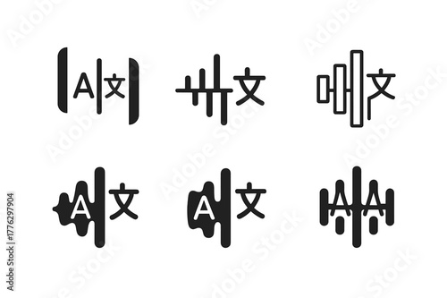 Multilingual AI Logos. language translation AI. Set Logo of language translation AI: digital speech wave forming multilingual symbols. Icon set. harmonious