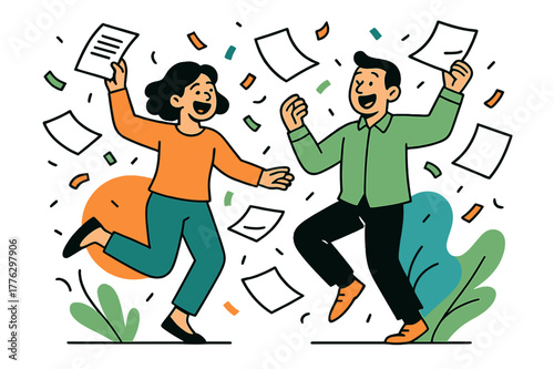 Joyful Office Celebration. Joyful Workplace. Two coworkers dancing with documents flying and colorful confetti, celebrating a successful work year. Movement
