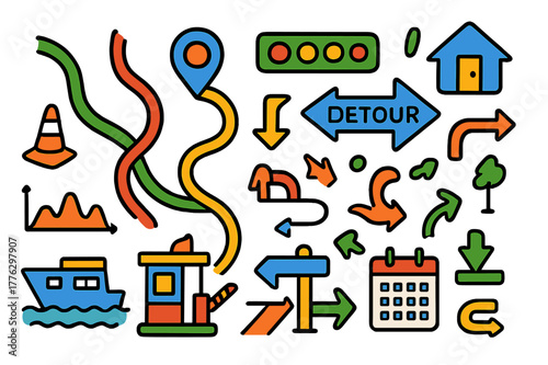 Vibrant Traffic Doodle. Route planning and traffic. Colorful Hand-drawn doodle Children illustration Route planning and traffic multi-route lines, traffic