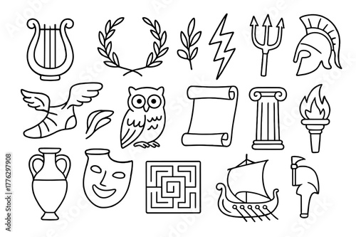 Mythical Symbols Doodle. Classical mythology in literature. Hand-drawn doodle illustration Classical mythology in literature lyre, laurel wreath, olive branch,