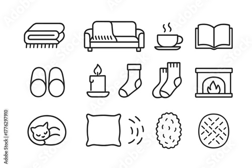 Cozy Blanket Icons. Cozy Blanket on Sofa. Line icon set of Cozy Blanket on Sofa: folded blanket, sofa with throw, cup of tea, open book, slippers, candle, warm